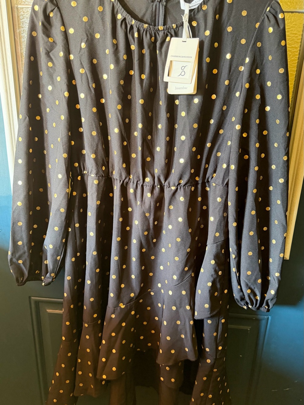 Adult Black Dress with Gold Polka Dots - Jasambac